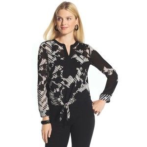 Chicos Top Size 1 Medium Multicolor Floral Blouse Sheer Tie Front Stripe Neutral